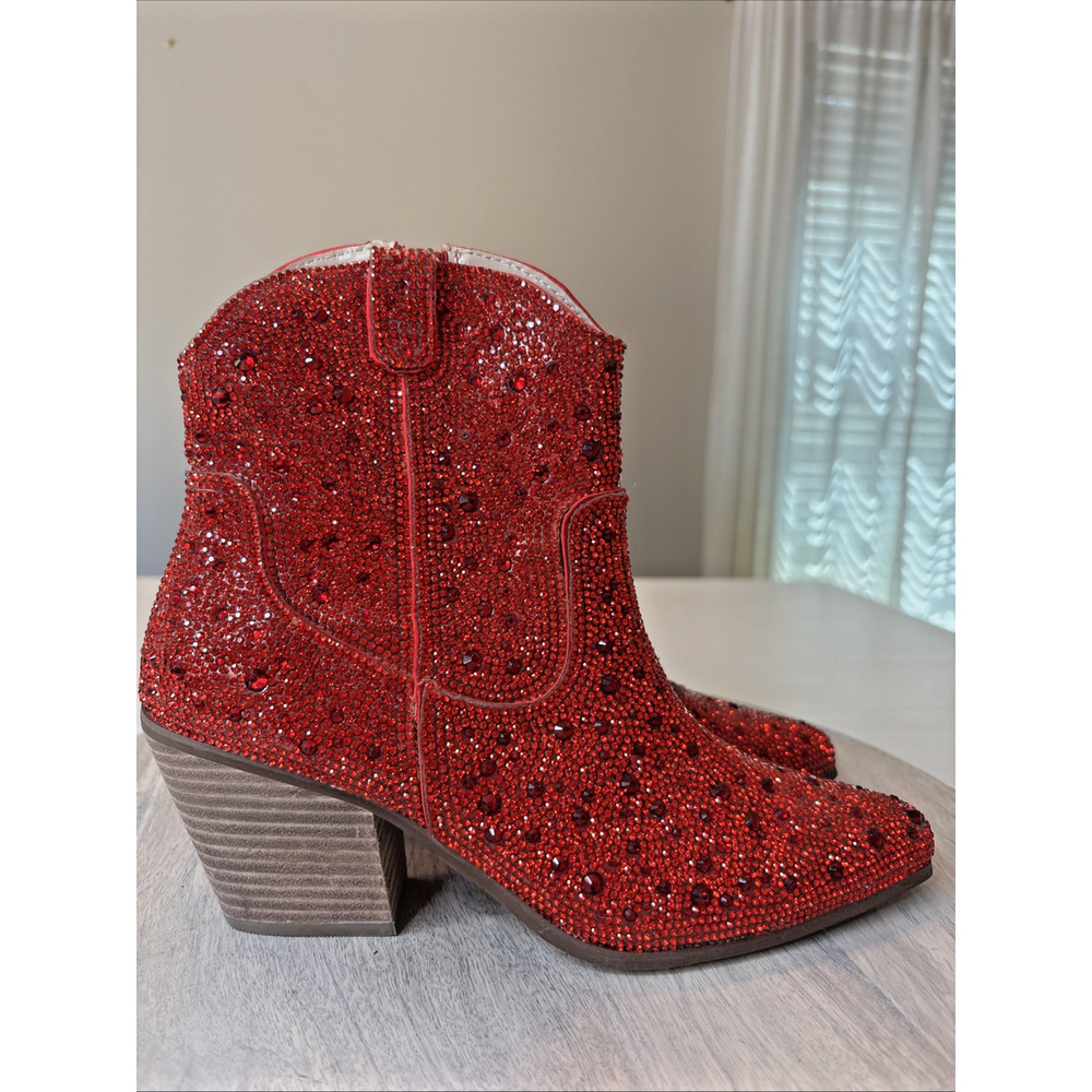 Matisse Red Rhinestone Western Ankle Boots Womens Size 8M Cowboy Booties - Picture 3 of 9
